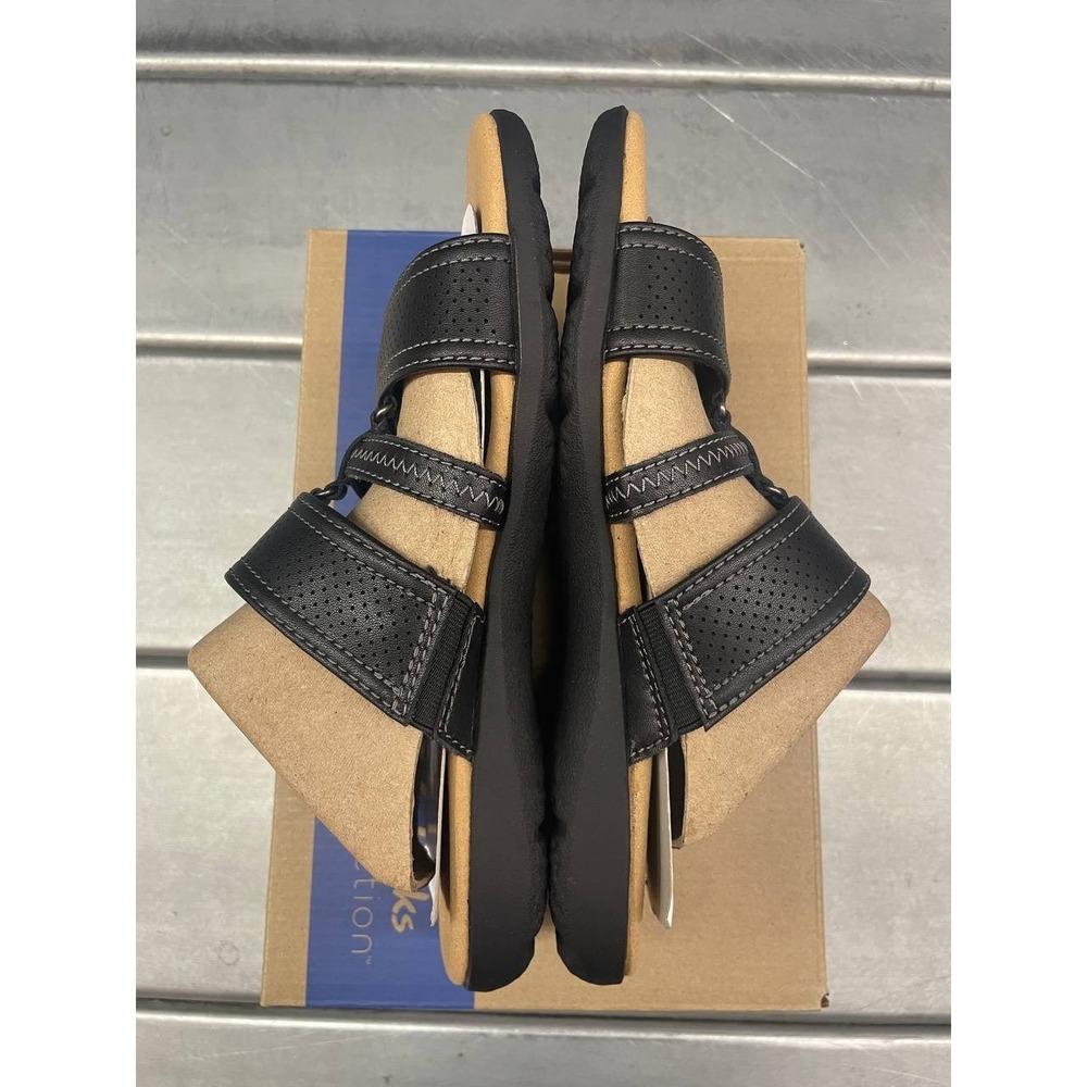 Clarks Elizabeth Ave Sandals Womens 6 Black Leather Slip On Slide - Picture 5 of 9